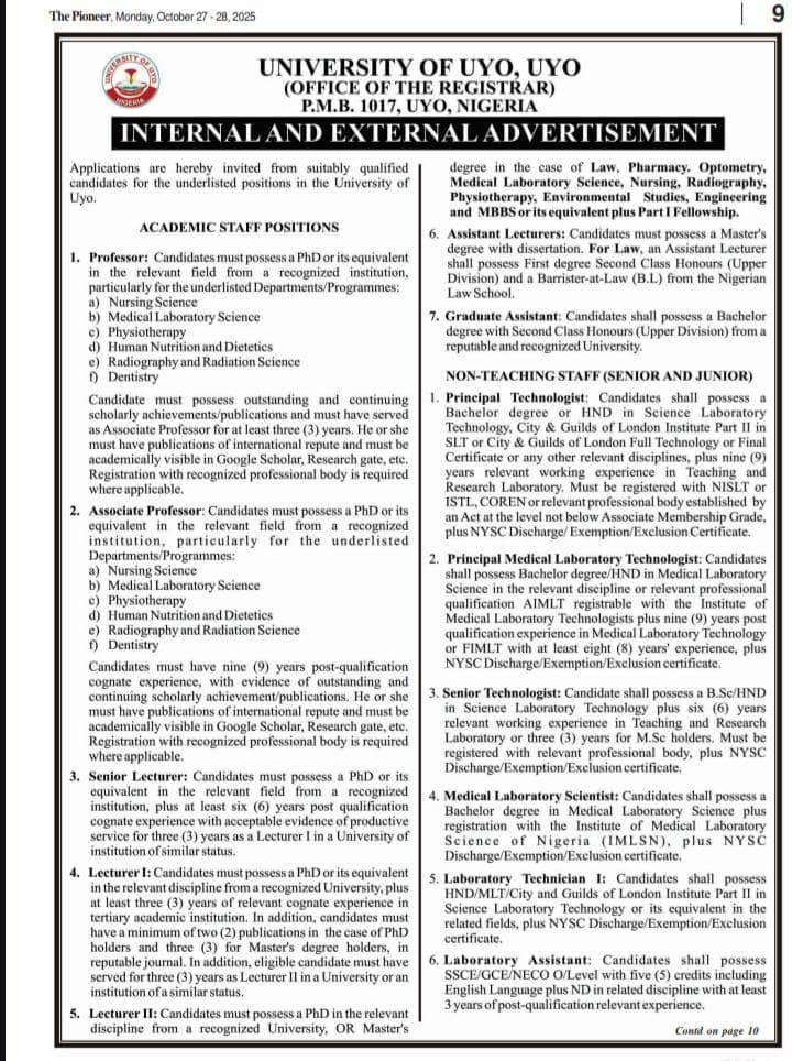 UNIUYO Recruitment 2025